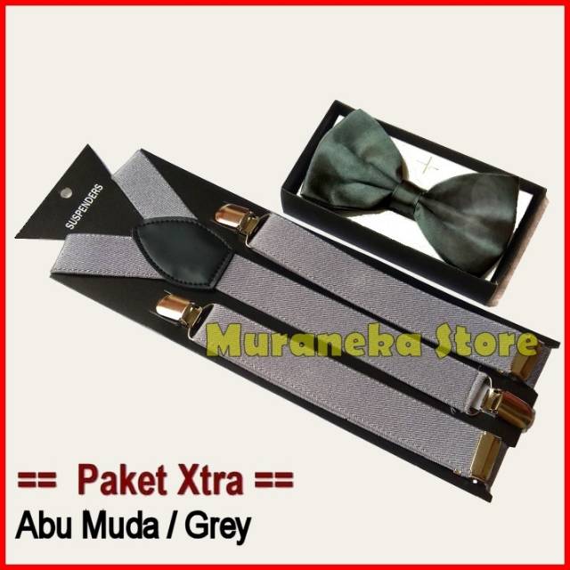 Paket XTRA ABU2 GREY Dasi Kupu Bretel Suspender Dewasa Polos Bowtie Tali Jojon Murah Pria Wanita Abu