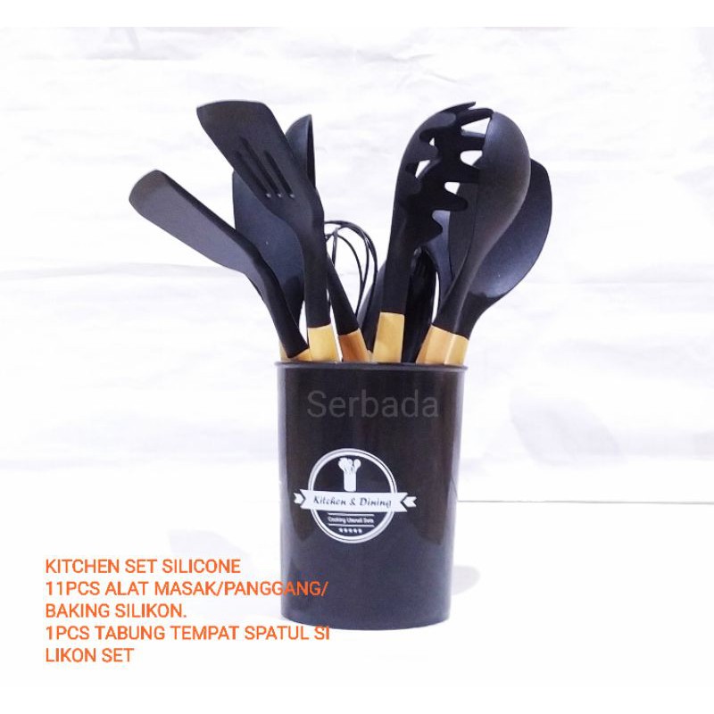 A1 Silicone Set Utensils 11Pcs Sendok Sutil Spatula Silikon Gagang Kayu