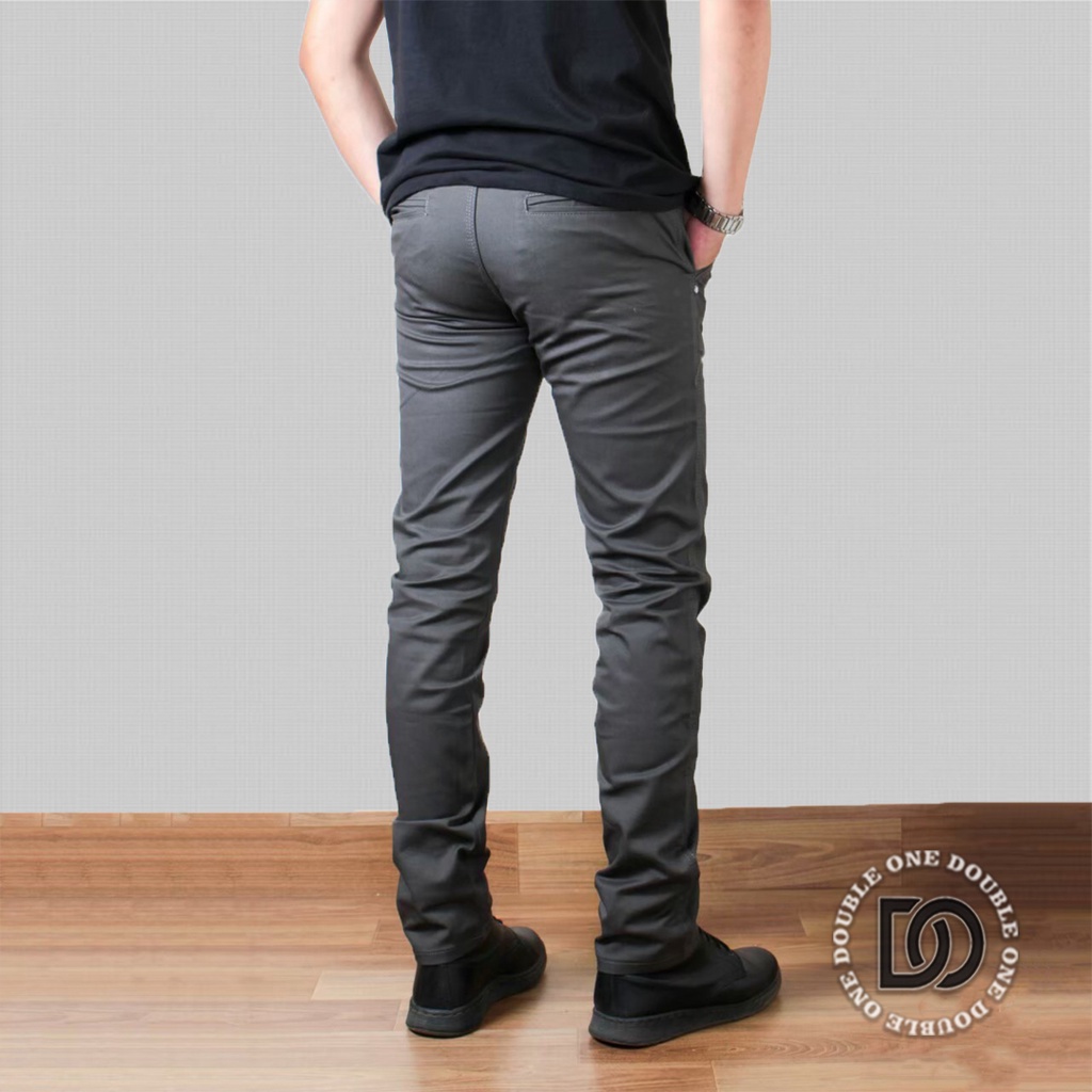 DOUBLE ONE - Celana Chino Panjang Slimfit Abu Tua / Celana Chino Stretch / Celana Panjang Pria / Celana Chino Premium