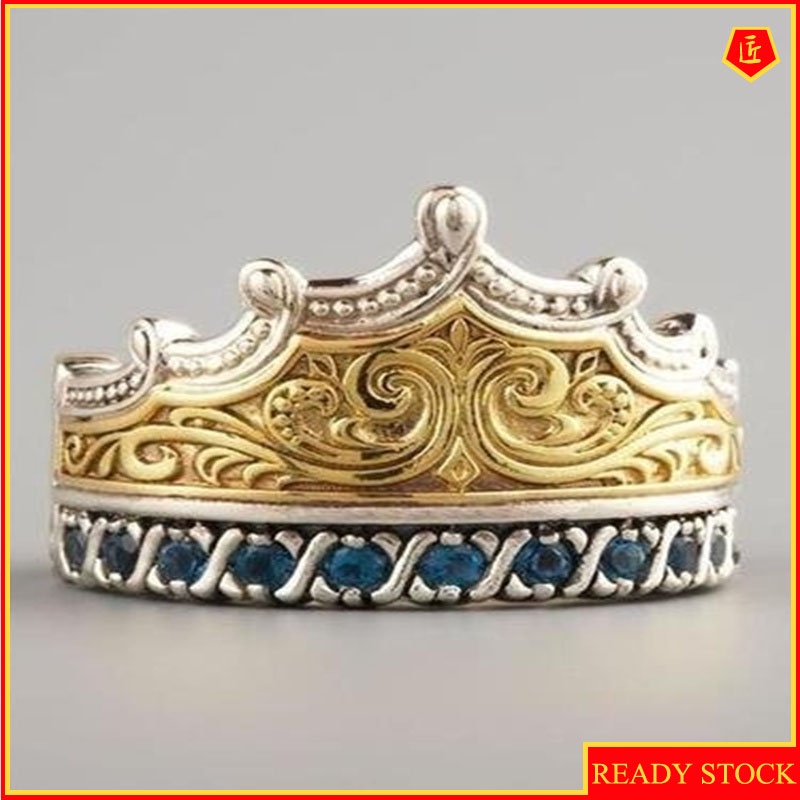 [Ready Stock]Classic Inlaid Sapphire Crown Ring 18K Gold Color Separation Fashion Elegant