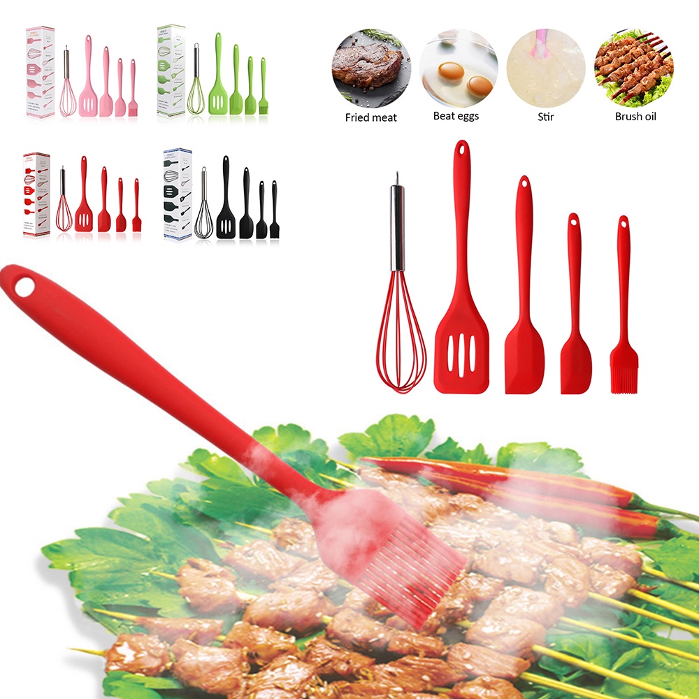 5pcs / Set Alat Pengocok Telur Spatula Kuas Minyak Bahan Silikon Dengan Kotak Untuk Peralatan Dapur