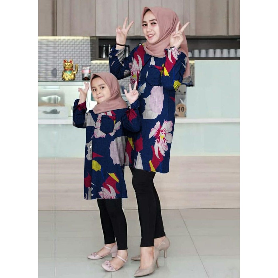 [MK GISELLE NEW NV FT]Tunik Couple Ibu Dan Anak Katun Rayon Navy/Hitam