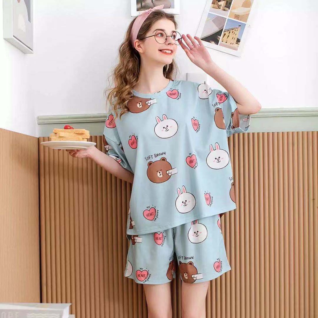 Baju Tidur Wanita Lengan Pendek Import Motif Kartun Pakaian Wanita Set Piyama