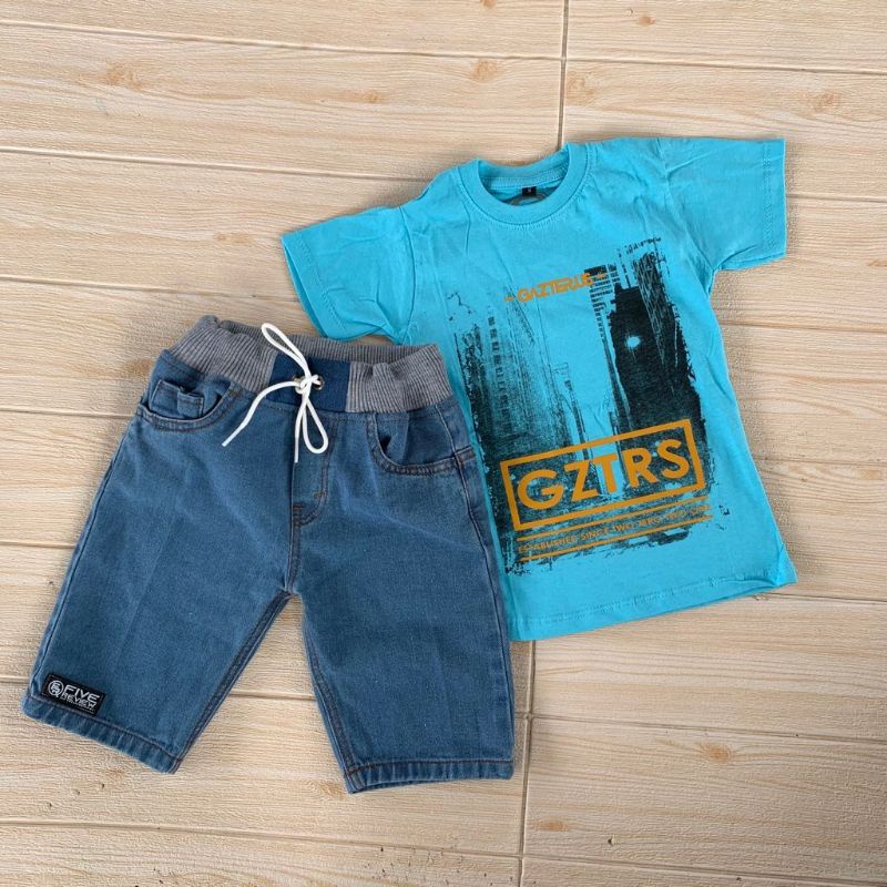 Setelan Jeans Anak Laki Laki Kaos Distro Anak Laki Baju Anak Cowo 1-12 Tahun AKP Marun Setelan Anak Laki Laki Import 10 11 12 Tahun Terlaris Terbaru-Biru Muda_city biru