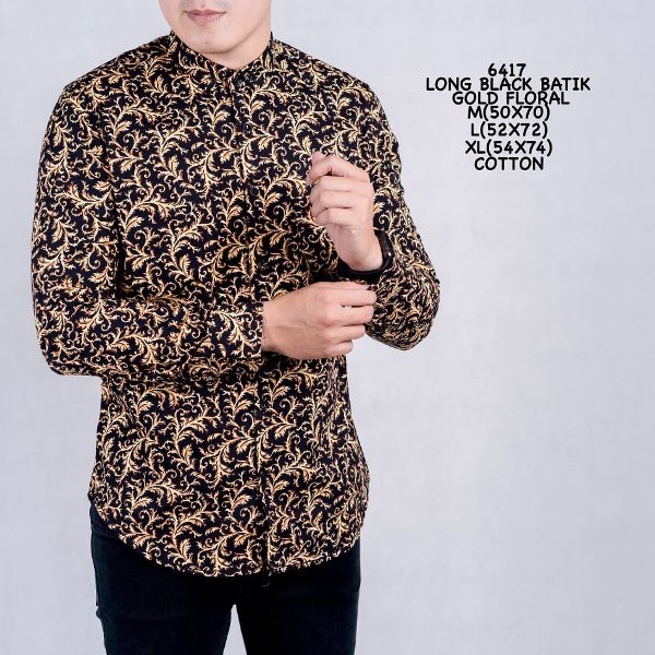 terbaru    Kemeja Lengan Panjang Pria Motif Gold Floral Batik Casual Modern 6417