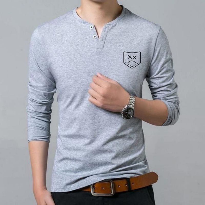 Kaos Henley Panjang Sablon / Kaos Kancing Sanghay T_Linen V_Neck / Kaos Kancing Lengan Panjang / Kao