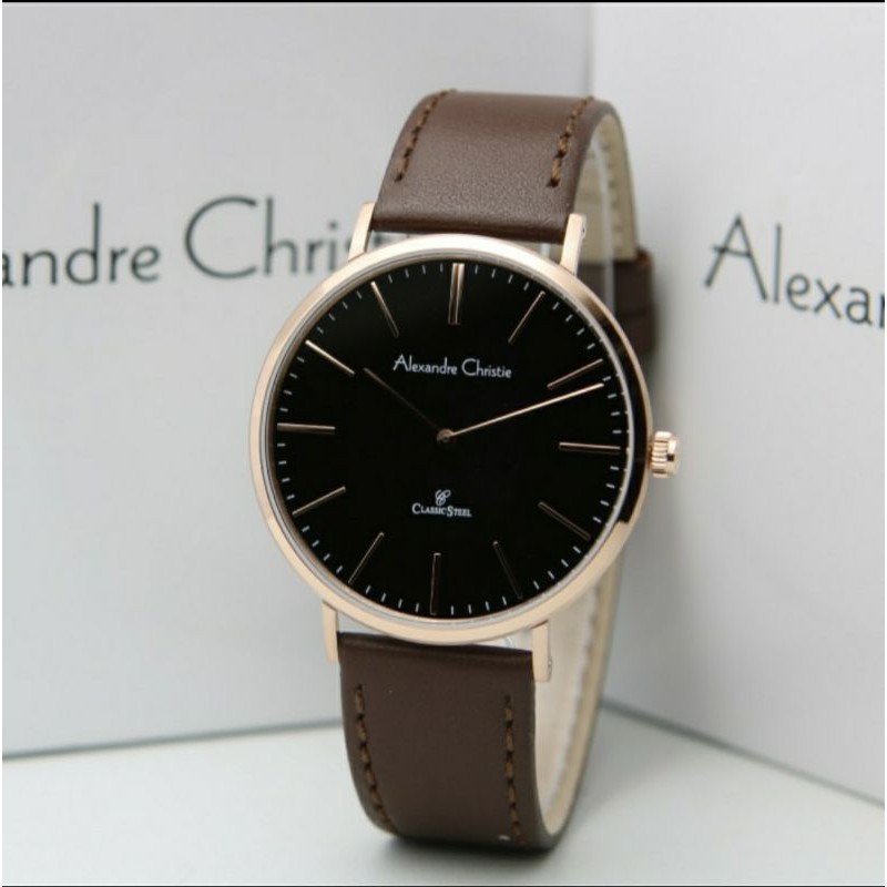 JAM TANGAN PRIA ALEXANDRE CHRISTIE COWOK ROSEGOLD BROWN DIAL BLACK KULIT ALEXANDER CRISTIE AC8490 AC