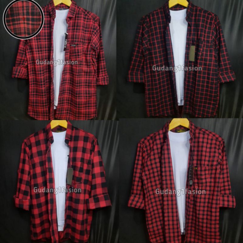 Kemeja flannel Lengan Panjang pria motif merah Flanel wol casual slimfit hitam garis putih