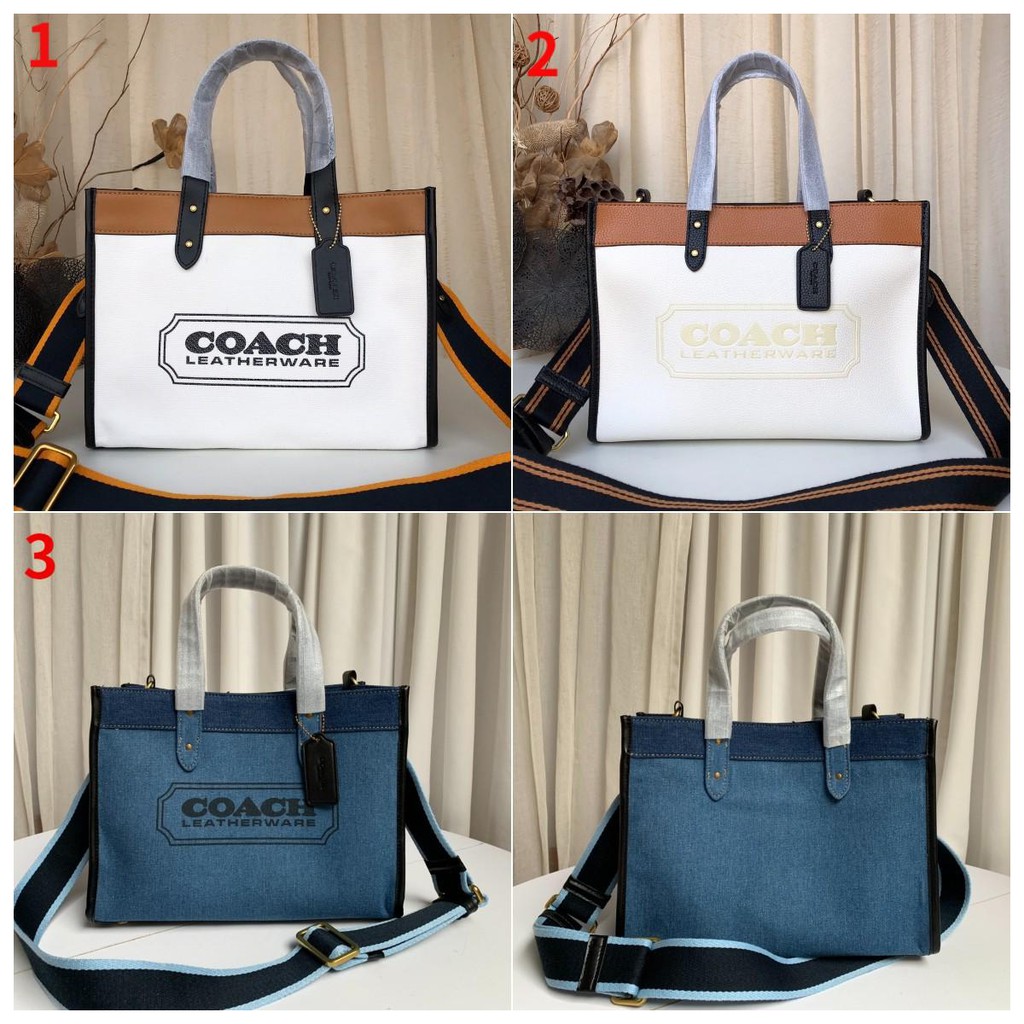 Coach89488 89163  C0777Field30 colorblock canvas sports ribbon tote bag classic simple