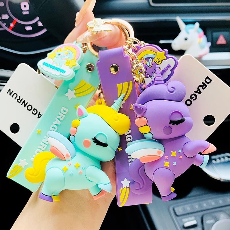 Gantungan Kunci Bentuk Boneka Kartun Unicorn Warna Pelangi Untuk Mobil / Tas Ransel