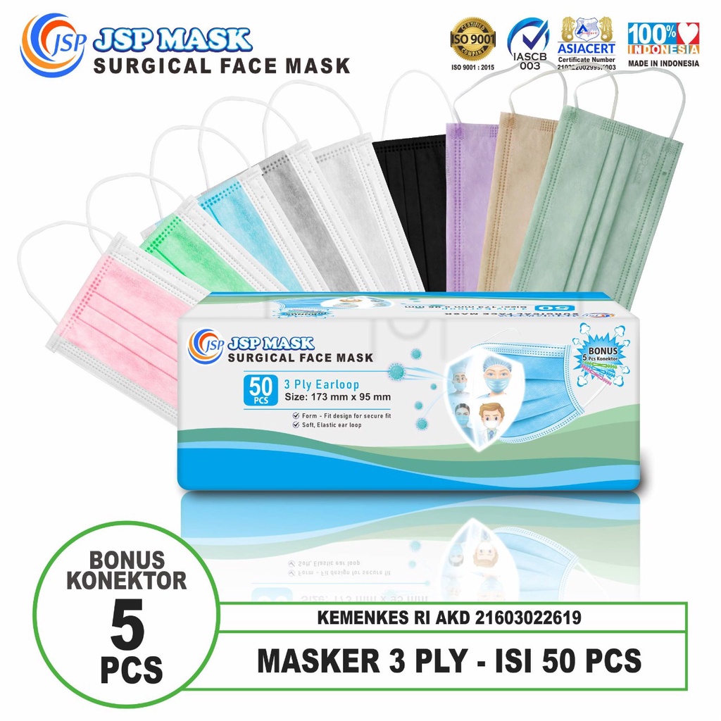 ( BISA COD )Masker Medis 3PLY Isi 50 PCS FREE 5 KONEKTOR