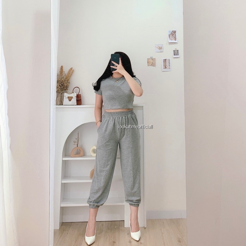 Lookatmeofficial • Zoey Set 2in1 Jogger + Crop Top Premium-Light grey