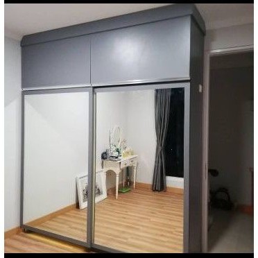 lemari pakaian baju custom full plafon hpl ukuran 185x290 sliding 2 pintu full cermin