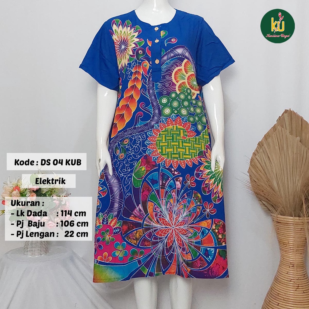 COD DS04 KUB | Daster Batik Kencana Ungu Asli Label Biru Uk. Jumbo LD 120 cm | Baju Santai Tidur Wanita Dewasa Kancing Depan Busui Friendly Motif Terbaru-Elektrik B