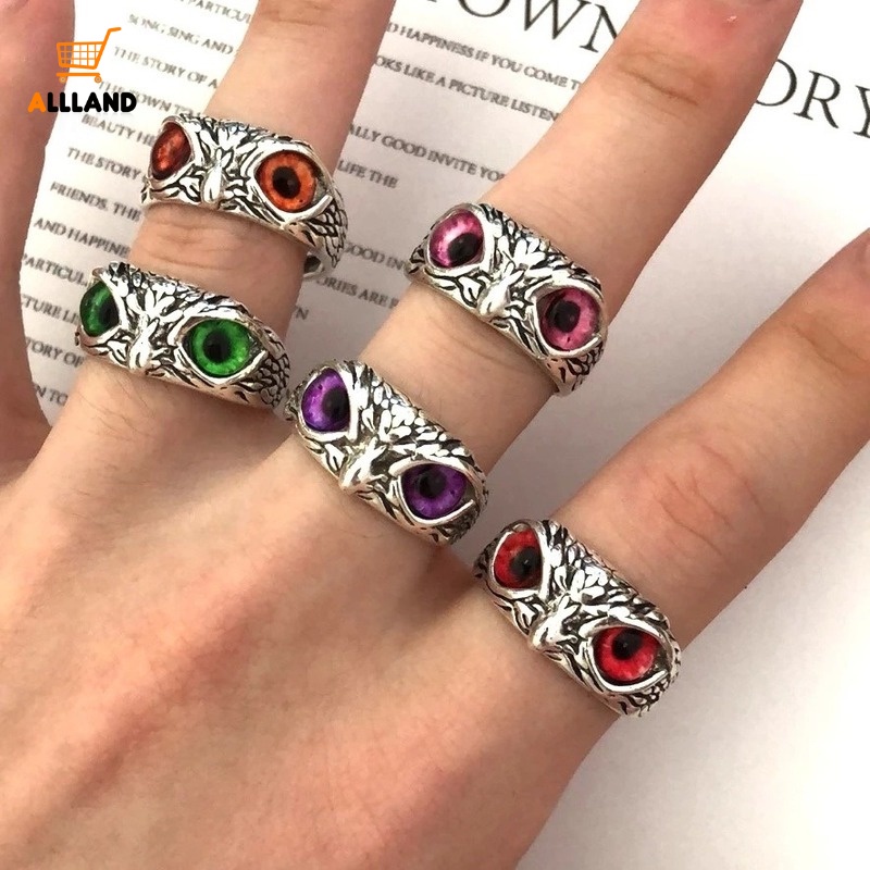 Cincin Model Mata Burung Hantu Bahan Logam Warna Silver Gaya Vintage Gothic Untuk Pria Dan Wanita