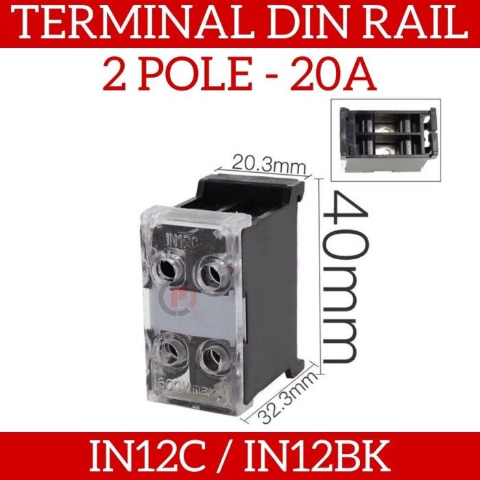 IN12BK Terminal Block Blok Listrik Mounting Din Rail 600V 20A 2 Pole