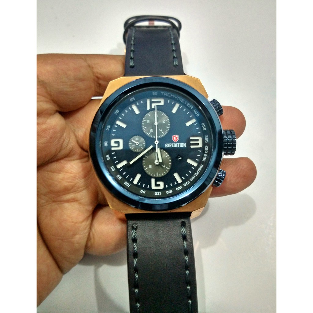 Jam Tangan Pria Expedition E6356 6356 Rosegold Navy Black Leather Original