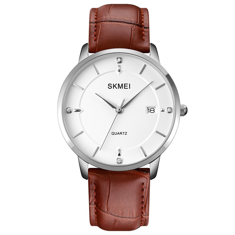SKMEI 1801 Jam Tangan Pria Wanita Analog Model Classic Tali PU Leather MGOS-Brown Silver Putih