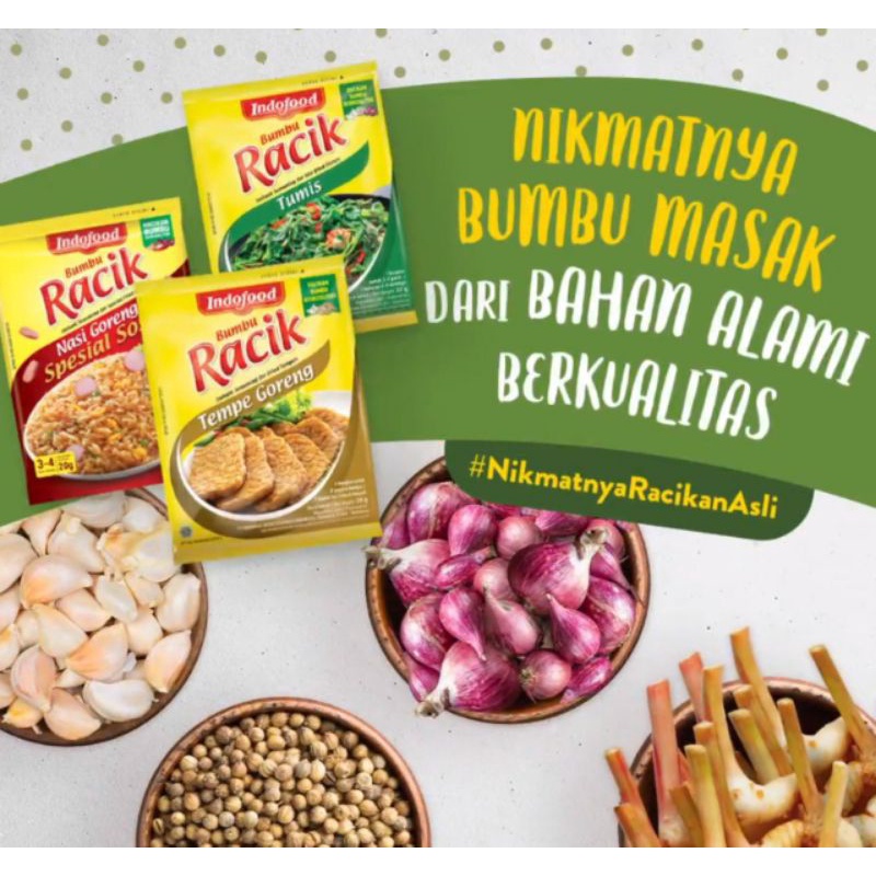 

Bumbu instan Racik Indofood Nasi ikan goreng Kremesan Sayur Asem sop lodeh rica matah geprek roa