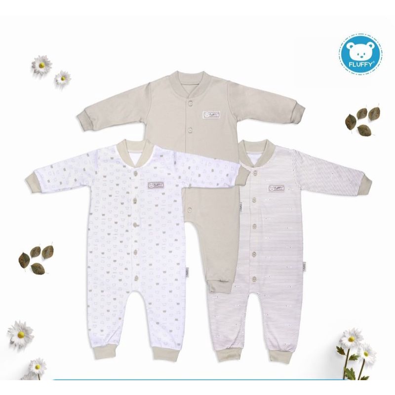 (FLUFFY) 3pcs Baju Kodok Panjang Buka Kaki/Sleepsuit KHAKI SERIES