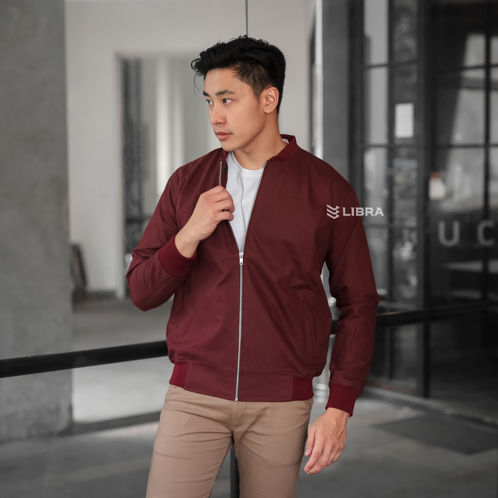 Libra Jaket Canvas Bomber Pria Premium-Maroon  Rib Maroon