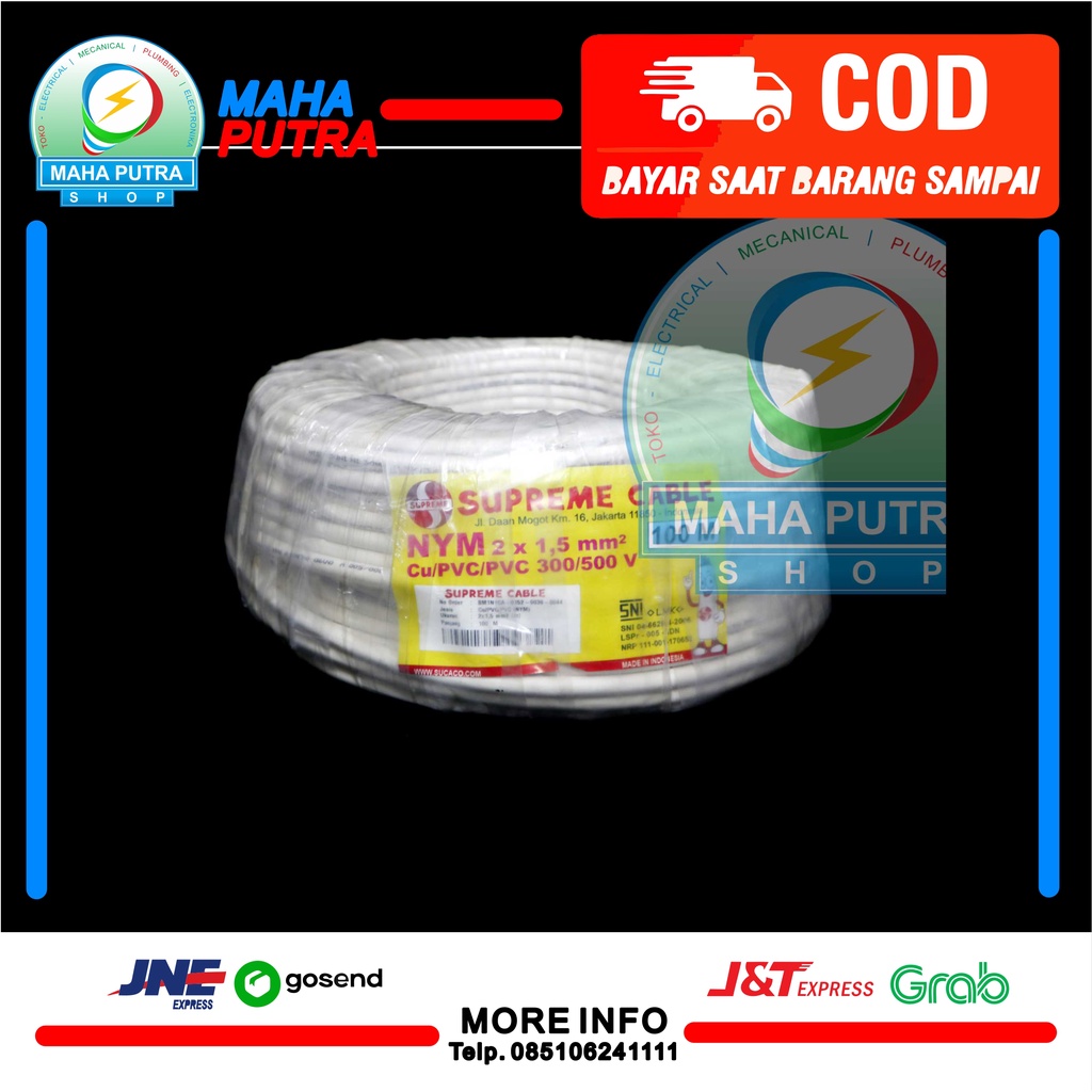 KABEL NYM 2X1.5 SUPREME 100 METER. KABEL LISTRIK MERK SUPREME