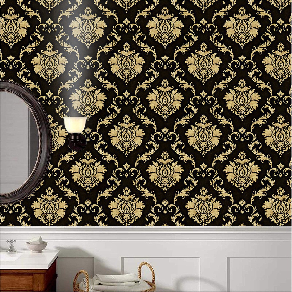 WALLPAPER STICKER 10M / 9M / 8M BLACK GOLD BATIK WALPAPER STIKER DINDING ORNAMEN BATIK KLASIK HITAM