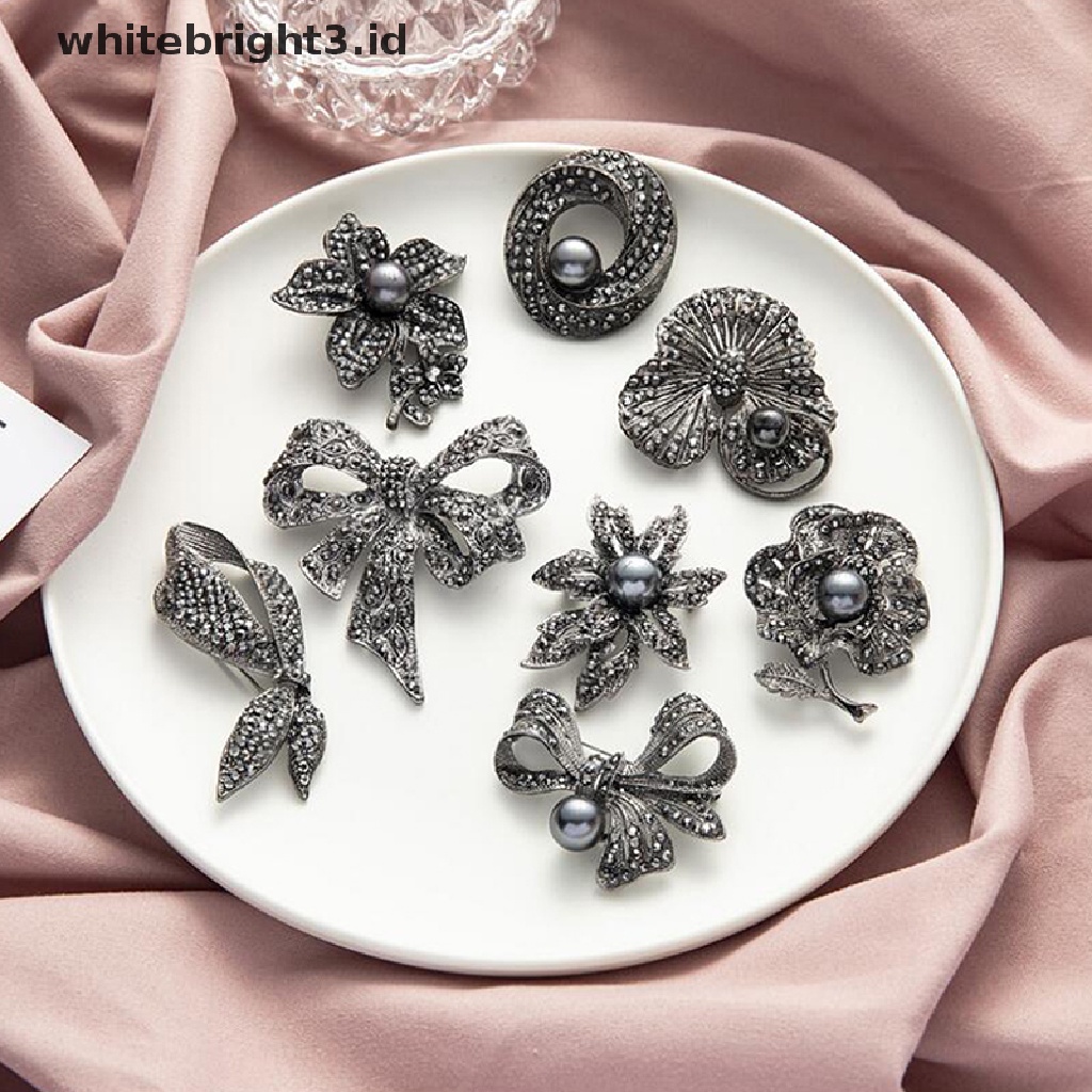 {whitebright3.id} Retro Black Crystal Pearl Flower Bow Shape Brooch Scarf Pin Jewelry Accessories ,