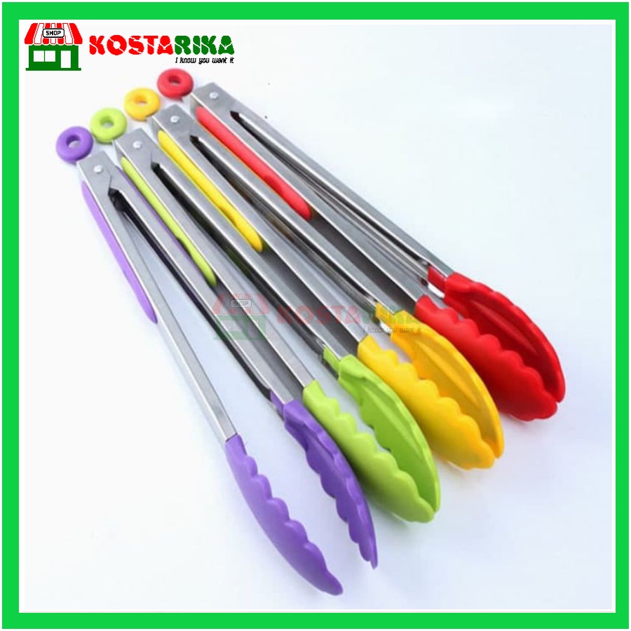 KOSTARIKA Penjepit Makanan Capitan Gorengan Kue Jepitan Gorengan mie makanan Stainless Gagang Plastik Warna Warni 9 Inch