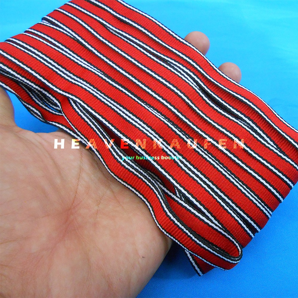 Webbing Strip Halus Lebar 1 cm Warna Merah Strip Hitam Putih Harga Per Rol isi 18 Meter