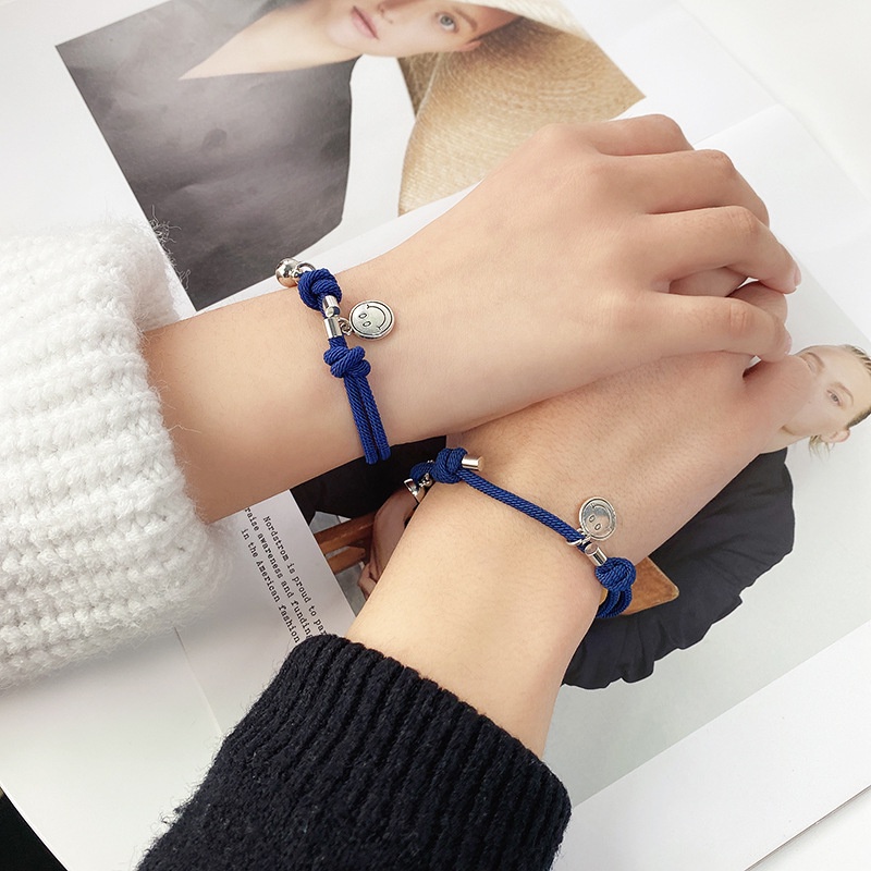 Korea biru woven pasangan diy Gelang adjustable wajah tersenyum magnet liontin pacar gelang pria dan