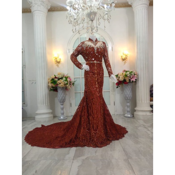 GAUN WEDDING SLIM HARNET  FULL PAYET BEREKOR /GAUN MODERN//GAUN BARBY MEWAH/WEDING  DRESS