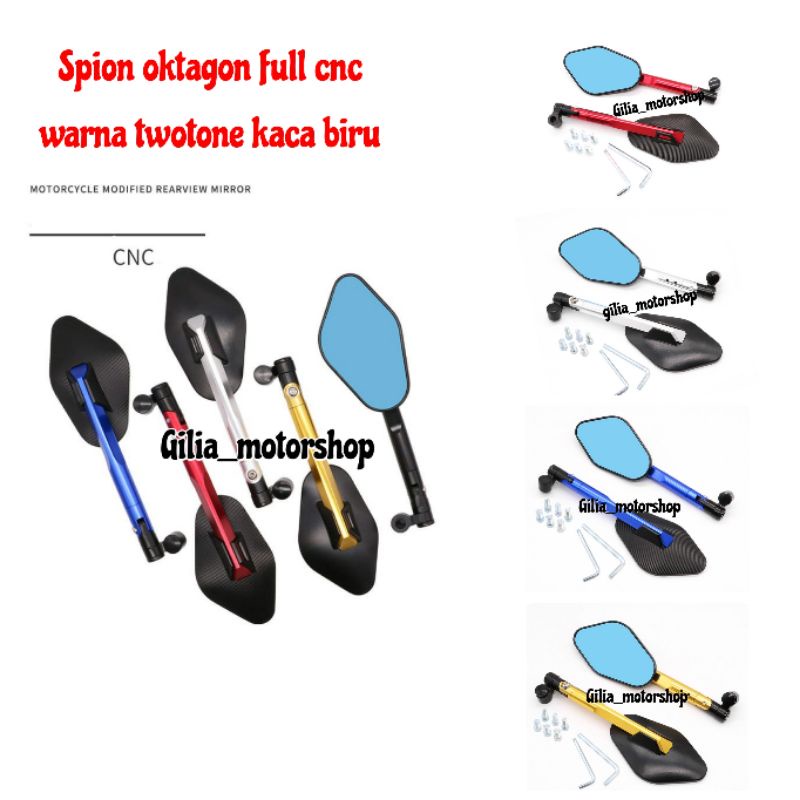 Spion Tomok Ellise Oktagon CNC Mirror biru Lebar Universal