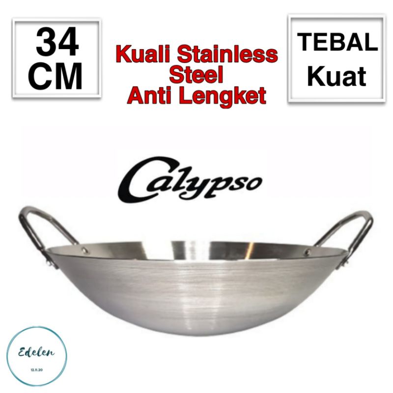 Kuali Stainless Steel Calypso Anti Lengket 34 Cm Wajan Penggorengan Tebal Sedang Kuali Stenlis