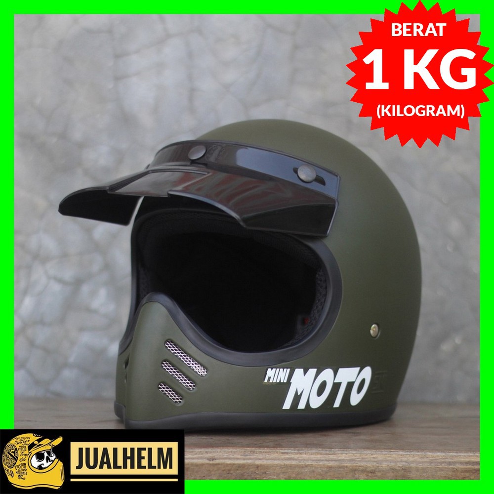 Helm Cakil Mini Moto 3 Enduro Trail Green Army Doff (Vintage / Retro / Bogo / Klasik / Classic )