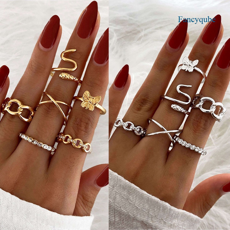 Fancyqube 6pcs / Set Cincin Model Terbuka Bentuk Ular Mawar Hollow Bahan Logam Gaya Retro Eropa Amerika Untuk Wanita