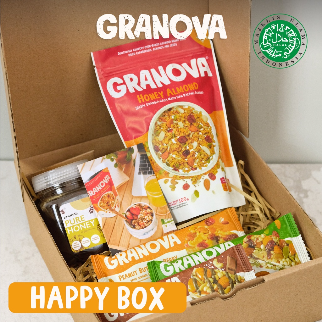 

Granova - Paket Kado / Hampers / Gift Box (1 pc Madu Randu 240gr, 1 pcs Granola 100gr (Pilih Rasa) & 3 pcs Snackbars (Semua Rasa)) - Happy Box