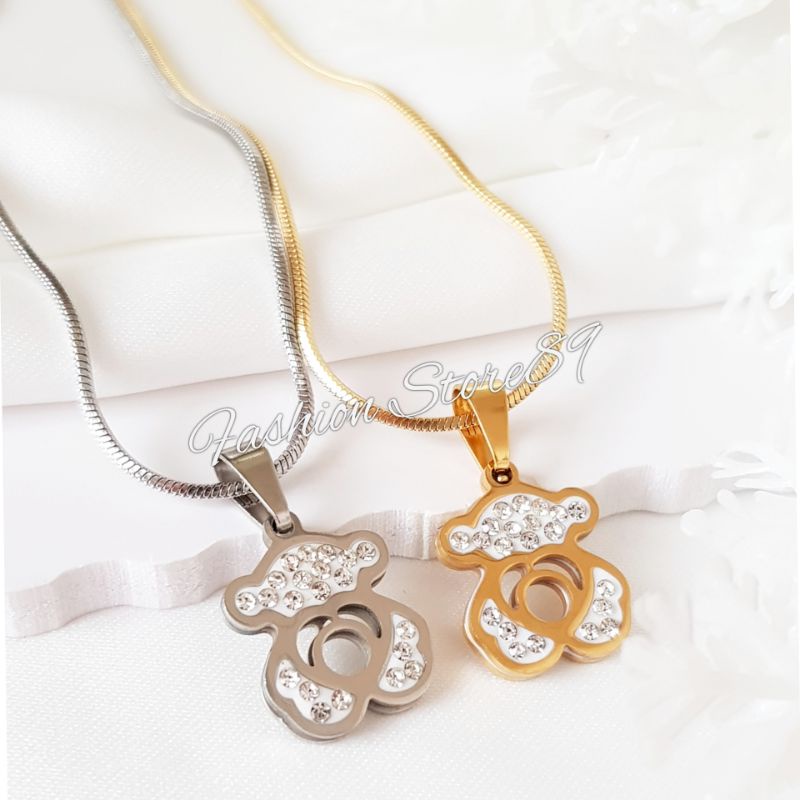 ready kalung Bear Fashion Dewasa dan Anak Impor titanium gold &amp; white Antikarat Selamanya Kalung Tedy Bear Titanium Impor Permata Kalung Anak Dewasa LTNx