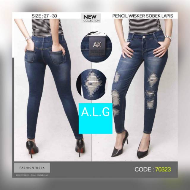 JEANS WANITA IMPORT MODEL PENCIL WISKER  SOBEK LAPIS