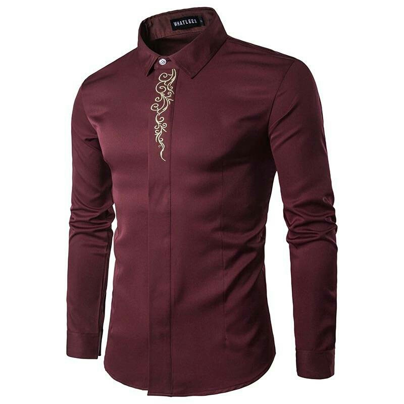 WAH Kemeja Pria Poblete - Motif Bordir Lengan Panjang Katun Stretch Baju Cowok Formal Lelaki Kem Lak