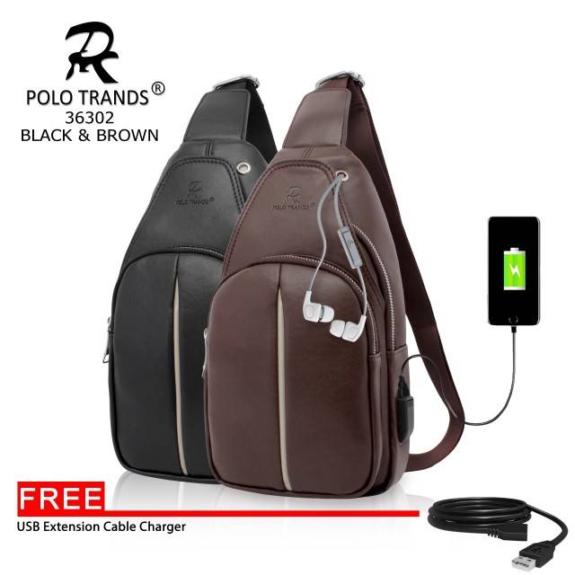 Polo Trands 36302 [ORIGINAL BRANDED] Tas Selempang Kulit FREE Kabel USB Charging Pria/Wanita