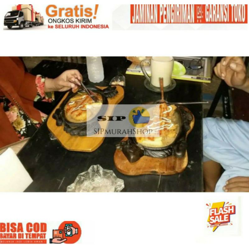 Steak Hot Plate Oval Sunrise NP COW SAPI Garis+Kayu+Gagang/ALAT MASAK BESI COR STEAK PLATE OVAL