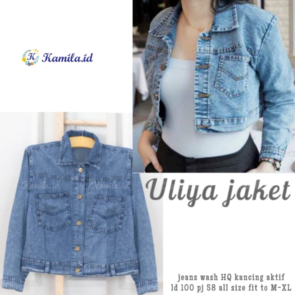 uliya pakaian atasan baju jaket jacket crop top outer jeans jean jins jens wanita cewe cewek anak pe