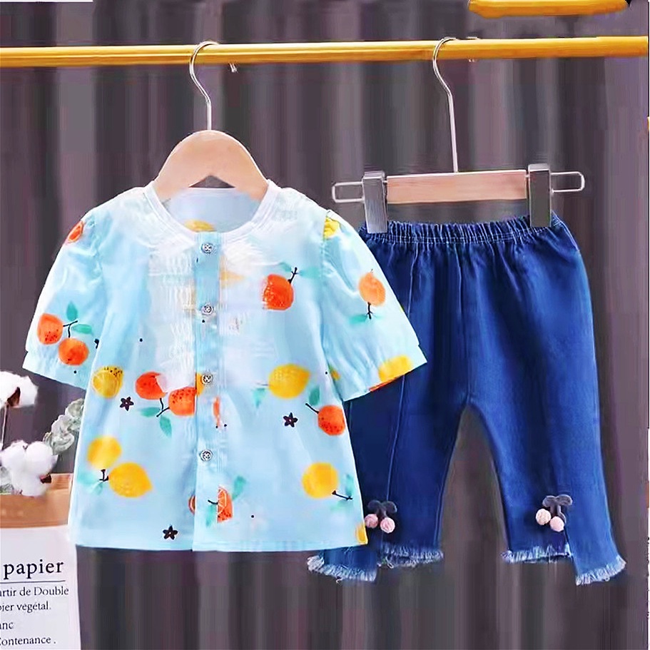 Setelan anak perempuan atasan jins cherry import 1-4 tahun/ Baju Setelan kemeja Setelan Jeans anak cewek tanggung