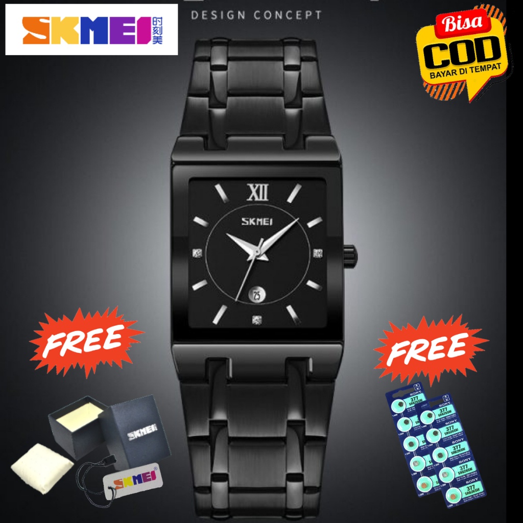 Jam Tangan Pria Wanita SKMEI 9263 Rantai Steinless Analog Bentuk Kotak FREE BOX + BATREI CADANGAN | 