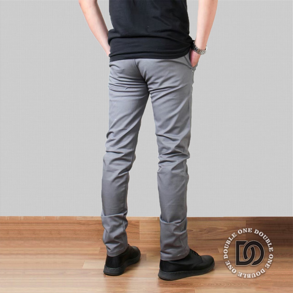 DOUBLE ONE - Celana Chino Panjang Slimfit Abu - Abu / Celana Chino Stretch / Celana Panjang Pria / Celana Chino Premium