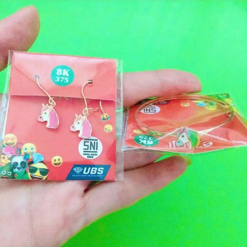 Anting dan gelang bangle anak unicorn UBS kadar 8K 375