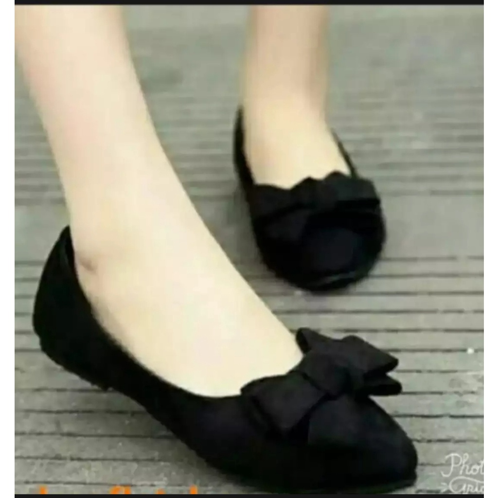 Sepatu Flat Shoes Wanita Pelangi Flatshoes Spatu Lancip Pita Ikat Perempuan Cewek Cewe FSH175 Cladiva-Hitam