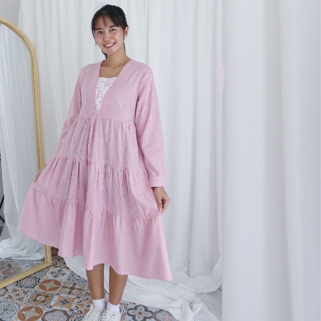 NINGAYU Baju Dress Wanita Simple Rampel Korean Dress Pesta Kondangan Brokat Lengan Panjang Ruffle RU