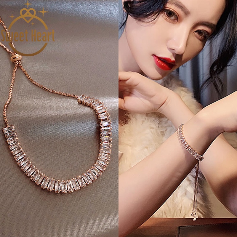 Gelang Panjang Adjustable Desain Hati Aksen Zirkon Gaya Korea Untuk Wanita